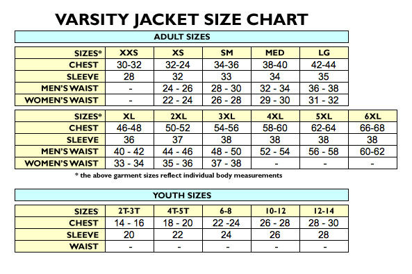 Varsity Jacket Size Chart
