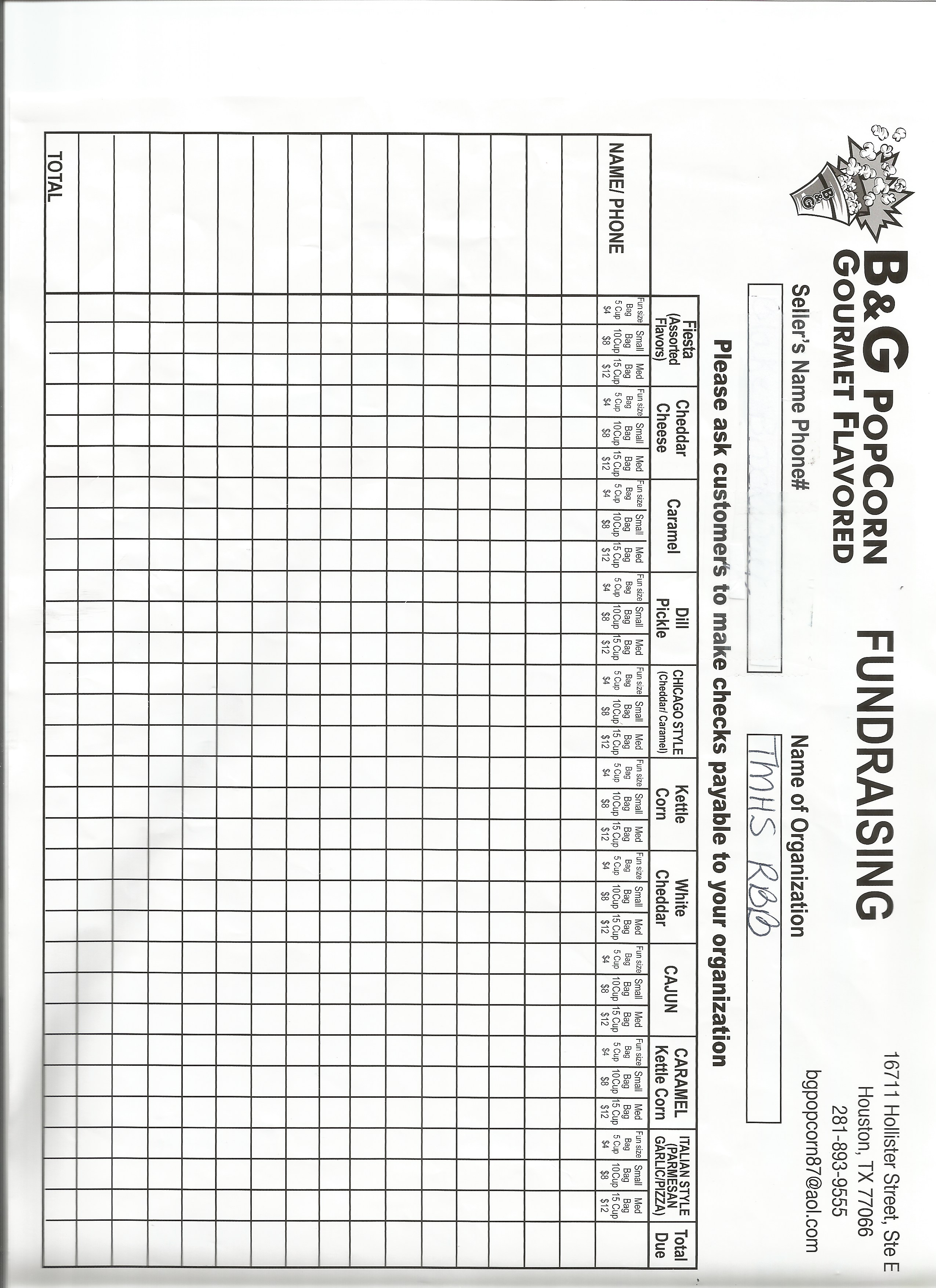 Popcorn Fundraiser Order Form