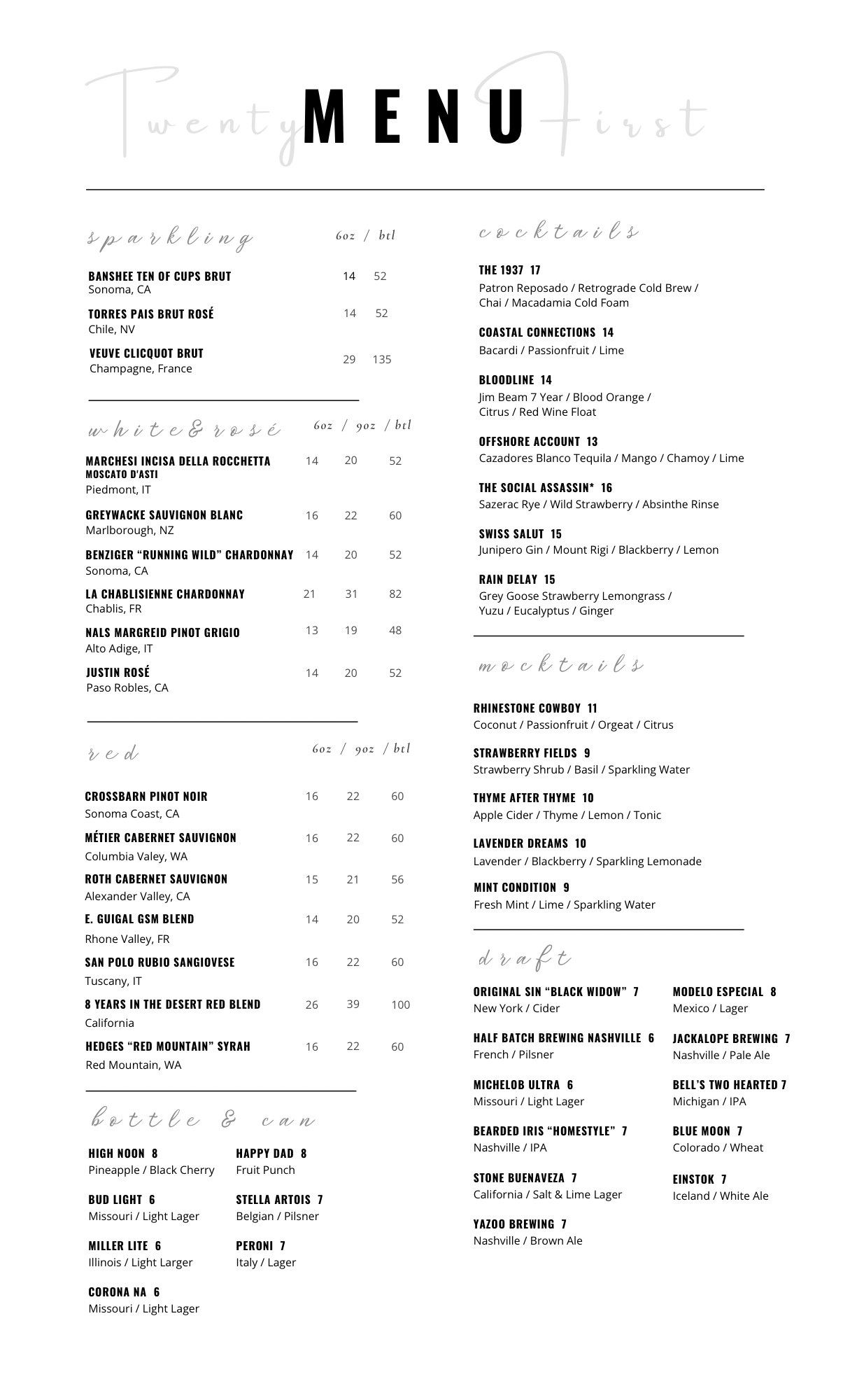 Dinner Menu | Twenty First Nashville