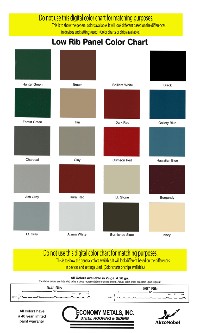 Pro Rib Steel Color Chart Economy Metals 3/4