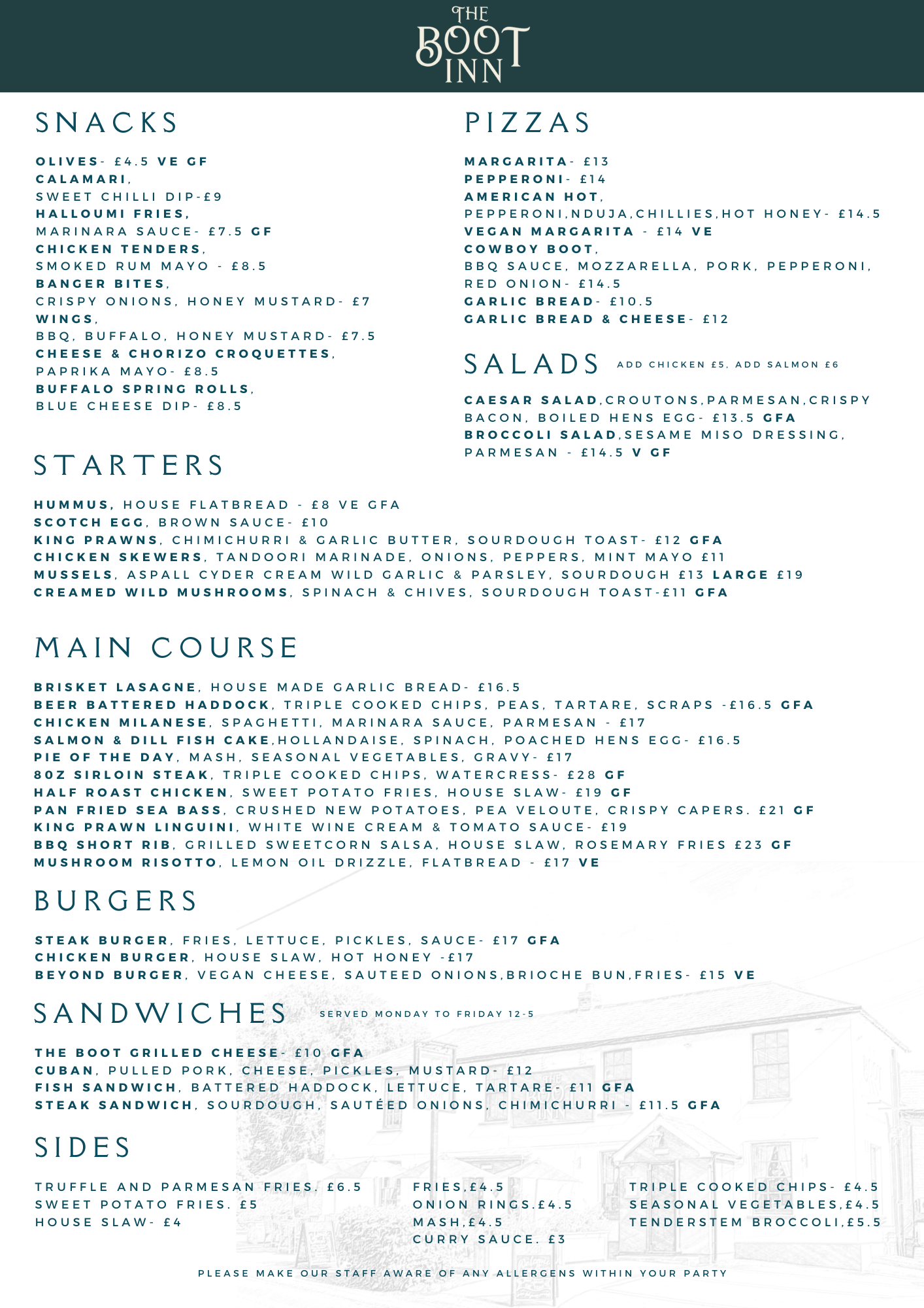 Menus | Boot Inn