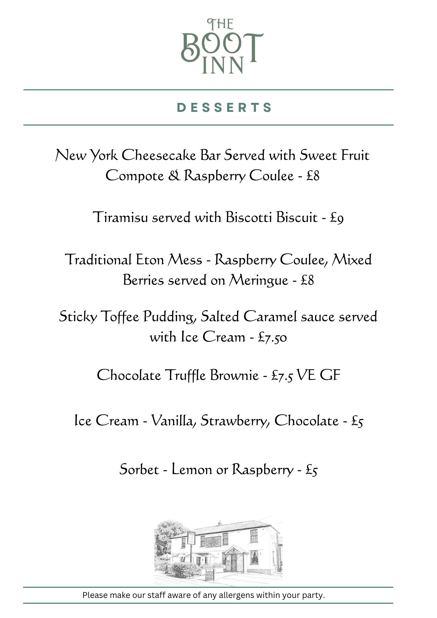 Menus | Boot Inn
