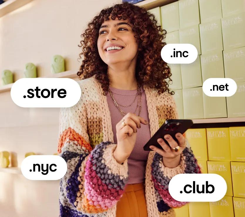 Woman with mobile device and domain UI