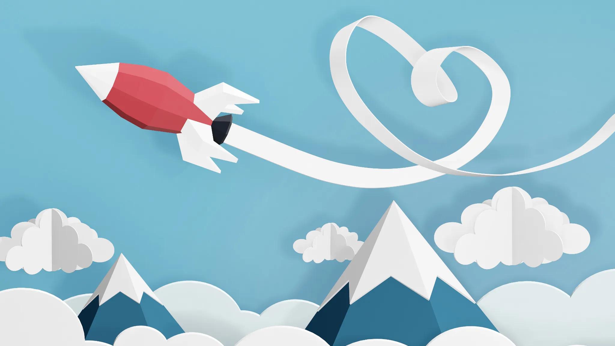 Rocket flying with a heart ribbon in the sky.]