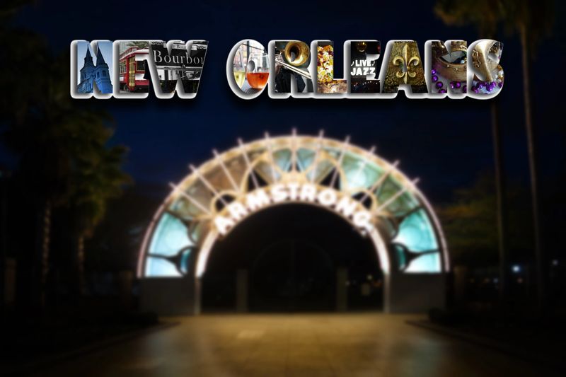 New Orleans collage of images over entrance to Armstrong Park