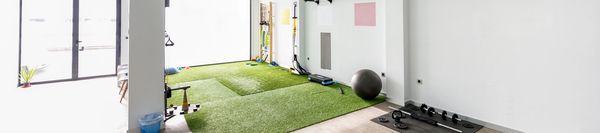 Bright, clean gym space with artificial turf and exercise equipment.