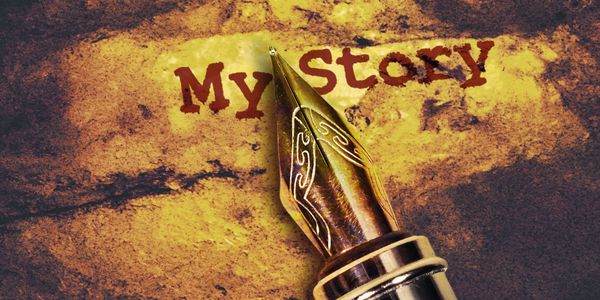 Close-up of a fountain pen nib with 'My Story' text on a textured background.