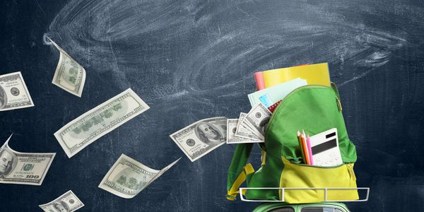 Toy car carrying a school backpack with money flying away.