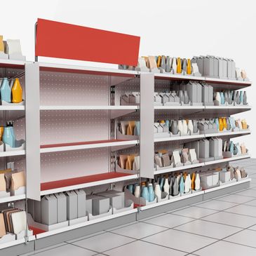 Empty shelves in a store aisle with various packaged products.