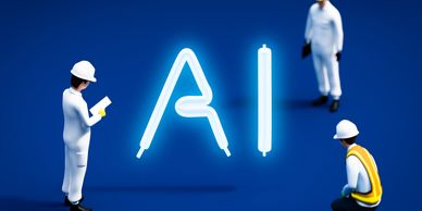 Engineers examining glowing AI letters on a blue background.