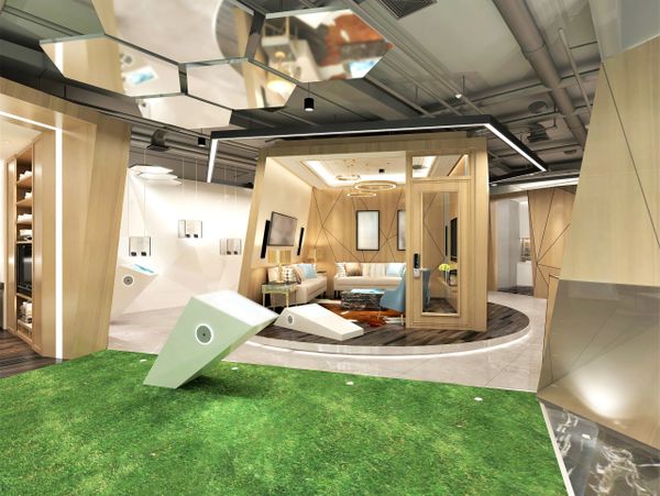 Modern interior with artificial grass and stylish wooden room.