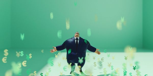 A man in a suit surrounded by floating currency symbols on a green background.