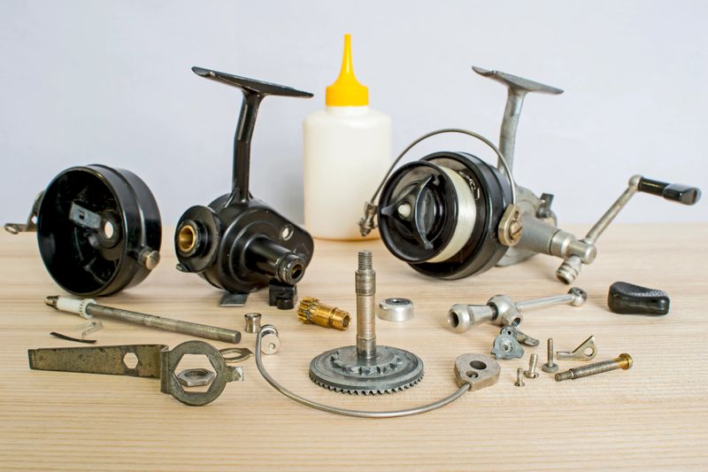 A fishing spinning reel as a whole and a second similar completely disassembled. Concept: parts of a whole. Preparation for the fishing season: prevention and application of lubrication