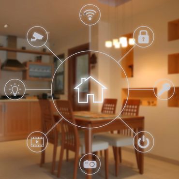 Smart home technology icons overlay on a modern kitchen and dining area.