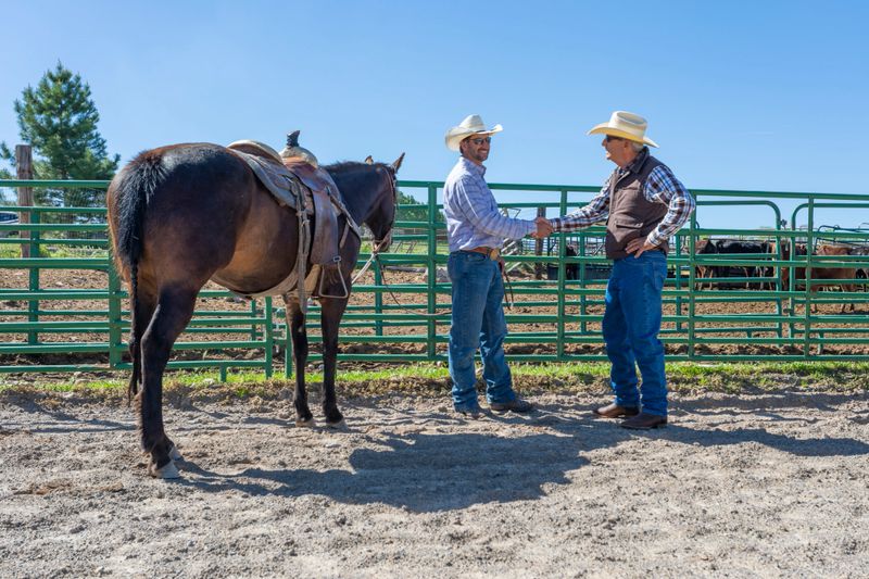 Two cowboys shaking hands over a deal