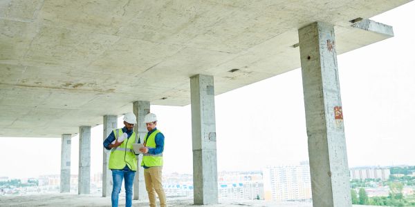 Two engineers discussing plans in a building under construction.