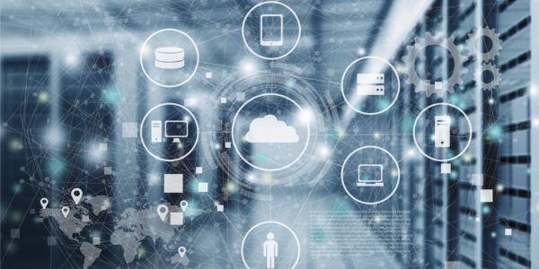 Cloud computing and network technology concept with data icons.