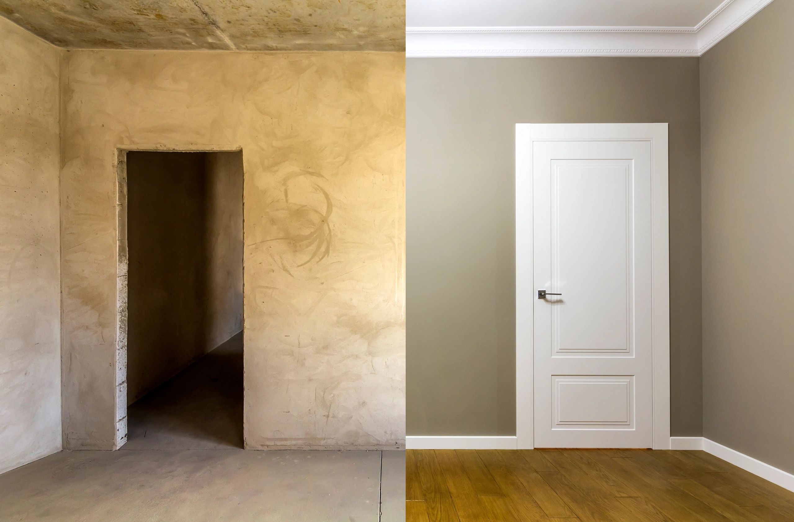 Side-by-side comparison of a room before and after renovation, showing a bare doorway and a finished door.