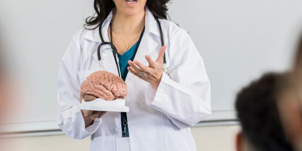 Doctor explaining brain anatomy using a brain model in a classroom.