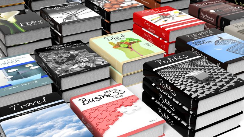 Stacks of books with various subjects closeup