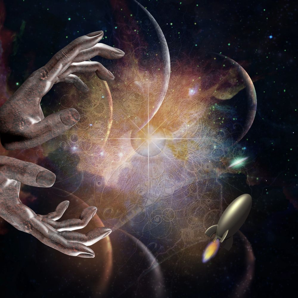 Stone hands shaping a cosmic scene with planets and a rocket.