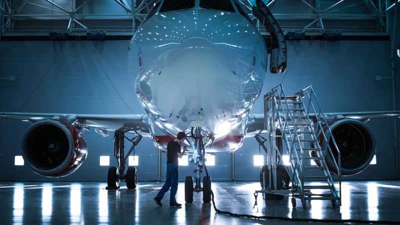 Brand New Airplane Standing in a Aircraft Maintenance Hangar while Aircraft Maintenance Engineer/ Technician/ Mechanic goes inside Cabin via Ladder/ Ramp.