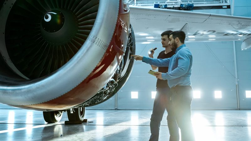 In a Hangar Aircraft Maintenance Engineer Shows Technical Data on Tablet Computer to Airplane Technician, They Diagnose Jet Engine Through Open Hatch. They Stand Near Clean Brand New Plane.