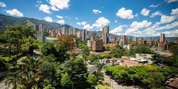 Cityscape with tall buildings and lush greenery under a bright blue sky.