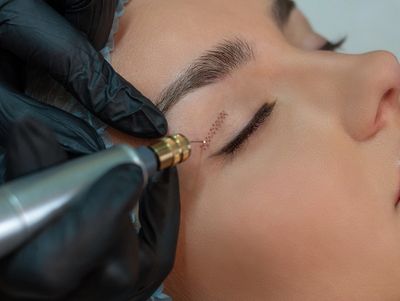 Close-up of microblading or cosmetic tattooing on an eyebrow.