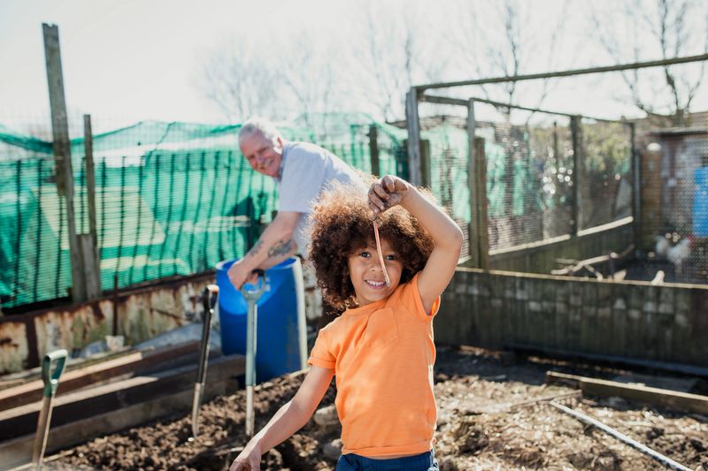Little boy is holding an earthworm up to the camera which he has found while working with his grandfather on the farm.