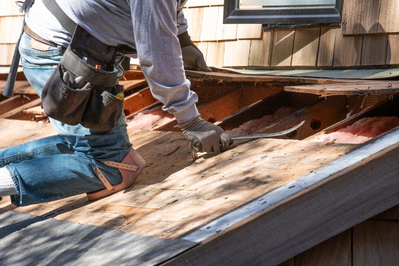 Roofer removing old roof with crowbar