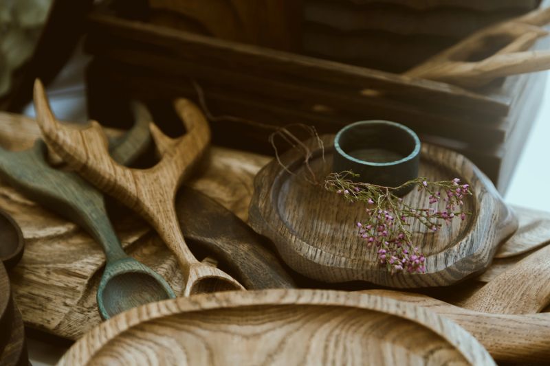 Handmade cutting boards and vintage wooden dishes