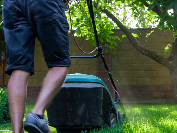 Person mowing the lawn on a sunny day.