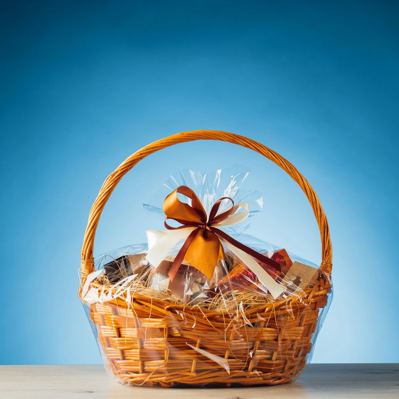 gift basket on blue background, close-up view