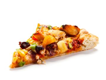 A slice of veggie pizza with olives, peppers, and onions.