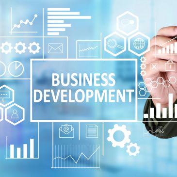 Business development concept with technology icons and charts.