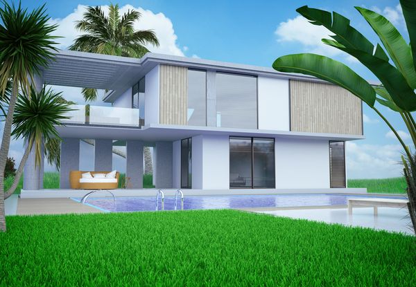 Modern two-story house with a swimming pool and palm trees.