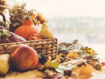 Autumn harvest with pumpkins, apples, and leaves on a table.