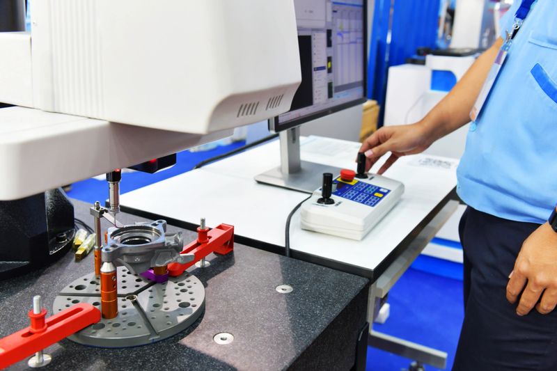 Close up automatic coordinate measurement machine (CMM) for inspection high precision part during working