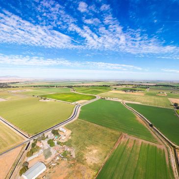 Aerial view of vast agricultural fields under a bright blue sky.