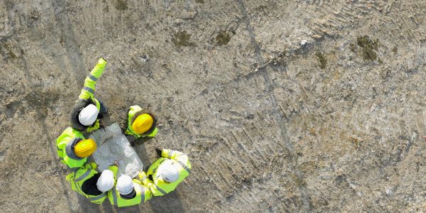 Construction workers discussing plans on a site.