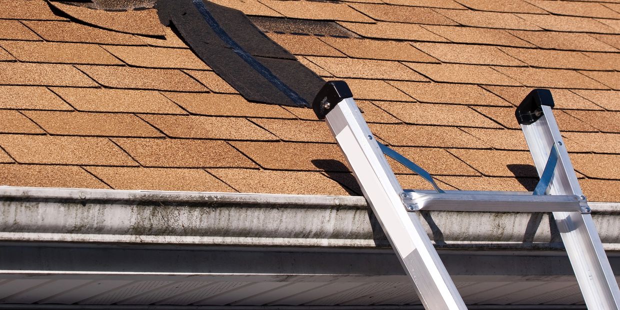 Damaged roof shingles near a ladder on a sunny day.