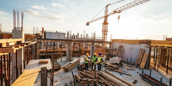 Construction workers discussing at a building site with cranes and building materials.