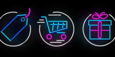 Neon icons of a price tag, shopping cart, and gift in circles.