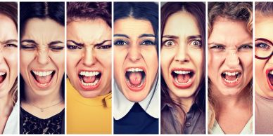 Seven women showing intense angry expressions.