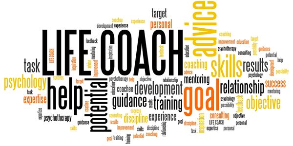 Word cloud highlighting life coaching, goals, skills, and personal development.