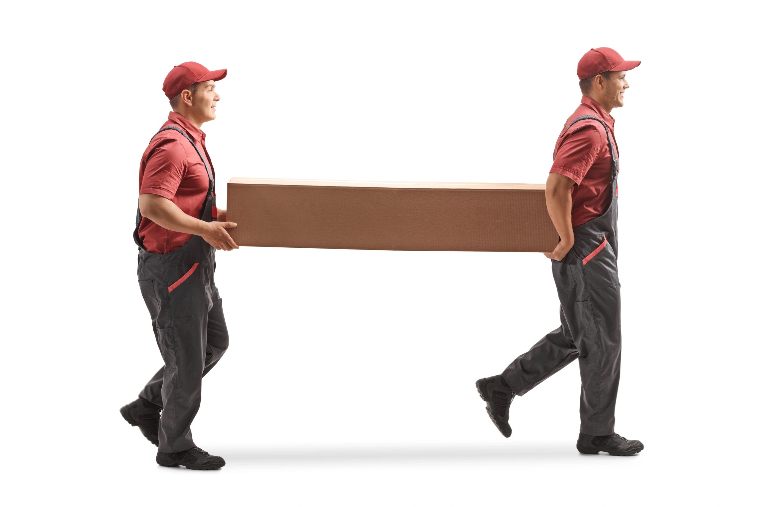 Two movers carrying a large box.