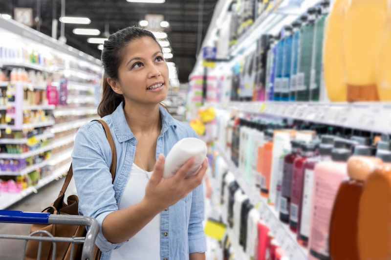 Confident mid adult woman browses a large selection of shampoo while shopping in grocery store. She is holding a bottle while checking out the price.