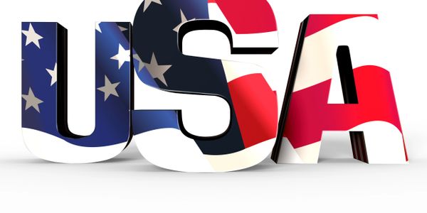3D letters USA with American flag pattern on white background.