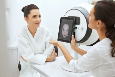 A woman undergoing a facial skin analysis with a professional in a clinic.